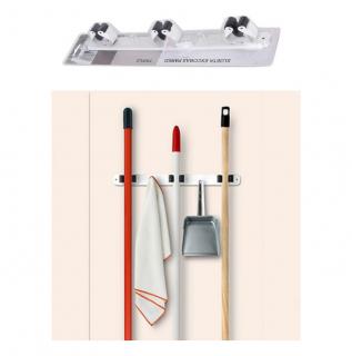 Suport de perete pentru depozitare maturi si mopuri, cu 3 spatii unelte si 2 cuiere pentru faras sau alte ustensile curatenie, accesorii de prindere incluse, 37cm