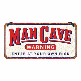 Placa decor metalica cu snur 10x20 Man Cave Warning - Avertisment -Pestera Barbatului