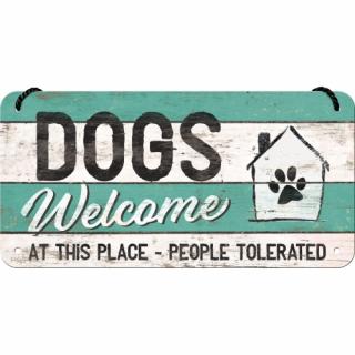 Placa metalica cu snur 10x20 Dogs welcome - Catei sunt bineveniti