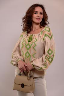 Bluza Effect cu broderie in nuante de bej si verde
