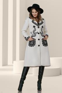 Palton Effect alb cu broderie neagra