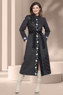 Palton lung elegant Effect stofa lana gri cu aplicatii argintii si negre