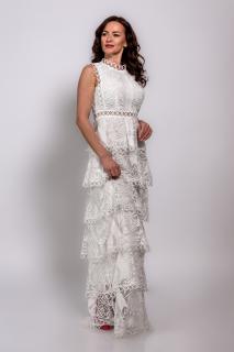 Rochie alba lunga glamour de ocazie din dantela cu detalii pretioase
