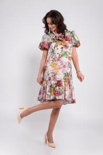 Rochie Effect cu flori mari multicolore, volan asimetric  si funda la gat