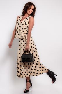 Set Effect  vesta si fusta midi bej cu buline mari negre