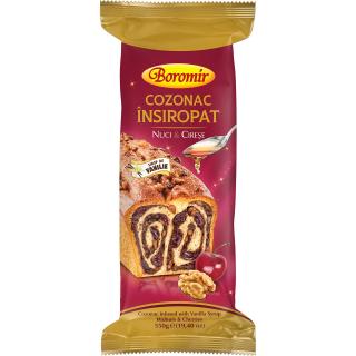 Cozonac Insiropat cu sirop de vanilie, crema cu nuci si cirese 550g