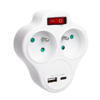 Adaptor priza dubla, 3680W, 16A, impamantare, cu port incarcare USB-C si USB-A, 5V, 2.4A, max 12W, cu un intrerupator, multiprotectie, dimensiuni 106 x 95 x 80 mm, alb