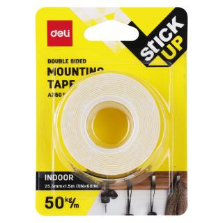 Banda dublu adeziva buretata alba, 25.4mm x 1.5m, DELI A350 11, rezistenta pana la 50kg m, lipire suprafete multiple
