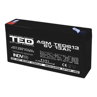 Baterie 6V 13Ah VRLA AGM Stationara TED Electric, pentru UPS, Echipamente Medicale, Sisteme de Securitate si Energie Regenerabila, 151 x 50 x 95 mm, TED613