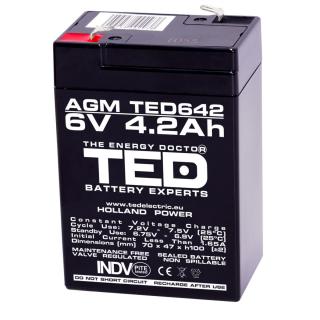 Baterie 6V 4.2Ah VRLA AGM Stationara TED Electric, pentru UPS, Echipamente Medicale si Sisteme de Securitate, 70 x 48 x 101 mm, TED642
