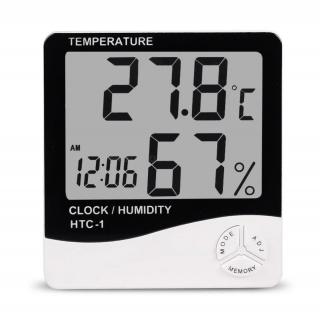 Ceas cu alarma, termometru si higrometru, HTC-1, cu suport, ecran LCD, 1 x baterie AAA, alb cu negru
