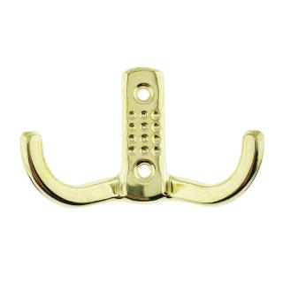 Cuier din metal pentru mobila sau perete, cu 2 agatatori de 2 cm, MOB-65145, 2 orificii de montare, dimensiuni 85 x 57 x 30 mm, auriu
