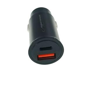 Incarcator auto rapid 20W, cu port USB-C si USB-A, Esperanza, PD, QC 3.0, intrare 12-24V, negru
