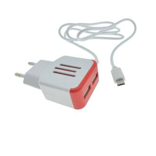 Incarcator la priza Euro, 2 porturi USB, DC 5V 3.1A, LED, cablu 85 cm cu conector microUSB, alb cu rosu