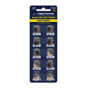Set 10 baterii alcaline LR44 AG13, Esperanza 95801, tip buton, 1.5V, la blister