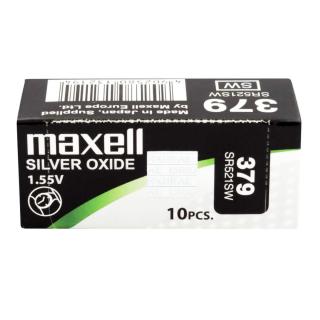 Set 10 baterii de ceas tip buton, Maxell SR521SW   379   AG0, 1.55V, 5.8mm diametru x 2.15mm inaltime, capacitate 13-16 mAh, oxid de argint, in blistere
