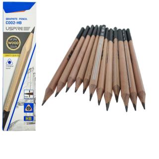 Set 12 creioane din lemn, cu mina HB de 2.2mm din grafit, model USPIRE C002-HB, lungime 17.5cm, forma triunghiulara cu un capat negru, in cutie