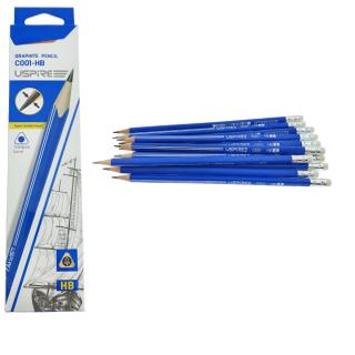 Set 12 creioane din lemn, cu radiera si mina HB de 2.2mm din grafit, model USPIRE C001-HB, lungime 19cm, forma triunghiulara, in cutie