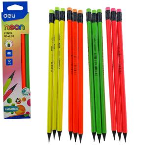 Set 12 creioane HB grafit cu guma, NEON U54600 DELI, wood free, corp triunghiular, multicolor
