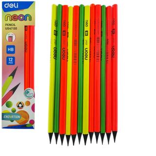 Set 12 creioane HB grafit, NEON U54700 DELI, wood free, corp triunghiular multicolor