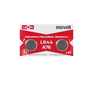 Set 2 baterii alcaline Maxell LR44   AG13 (A76), 1.5V, diametru 11.6mm, grosime 5.4mm, low drain, in blister