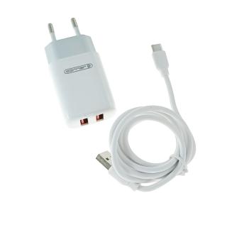 Set incarcator retea cu un 2 porturi USB si cablu USB-C lungime 1m, 5V, 2.4A, Jellico EU02 20326, alb