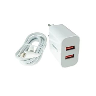 Set incarcator retea FONENG EU45, 2.4A 12 W, 1 X USB, cu cablu USB si conector compatibil tip lightning cu lungime 1m, alb