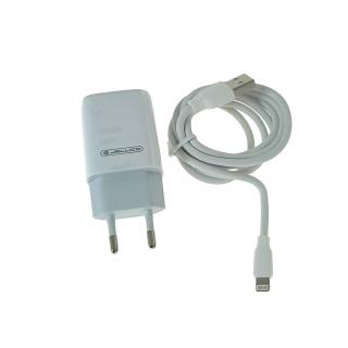 Set incarcator retea JELLICO EU02, 2.4A 12W, 2 X USB, cu cablu USB si conector la Tip Lightning tata cu lungime 1m, alb
