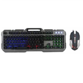 Set tastatura US QWERTY multimedia si mouse 6D + scroll, 800 1200 1600 2400 DPI, Rebeltec, spatiu pentru smartphone, cu iluminare LED multicolor, lungime cablu 1.5m