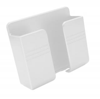 Suport de perete pentru smartphone si alte obiecte, prindere cu banda adeziva, 4 gauri de montare, organizare cabluri, din plastic alb