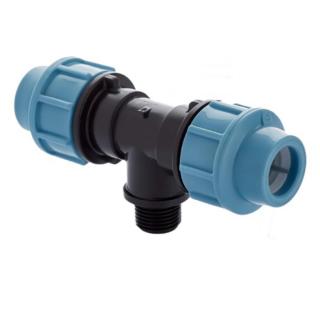 Teu compresiune hidraulic PEHD 25mm x 1 2  , Filet Exterior, presiune 16 bar, pentru conducte apa, irigatii si antiincendiu, albastru-negru