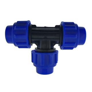 Teu hidraulic compresiune PEHD 20mm, PN16, 3 x piulita, pentru conducte MDPE PE de apa, irigatii si antiincendiu, albastru-negru