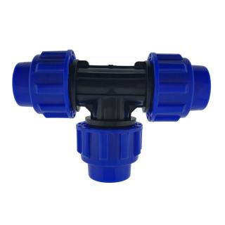 Teu hidraulic compresiune PEHD 32mm, 3 x piulita, PN16, pentru conducte MDPE PE de apa, irigatii si antiincendiu, albastru-negru