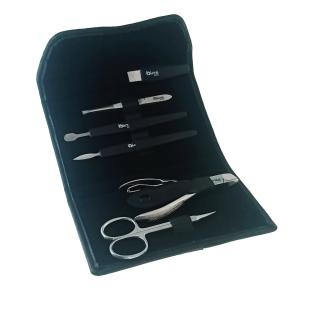 Trusa manichiura si pedichiura cu 6 instrumente si geanta depozitare, MM15-V19 81009, forfecuta, pila, cleste colturi, penseta, 2 spatule, negru cu argintiu