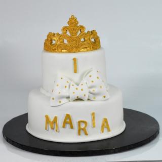 Tort botez cu fundita si coronita