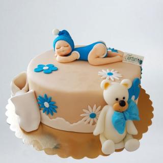 Tort cu bebelus albastru si ursulet