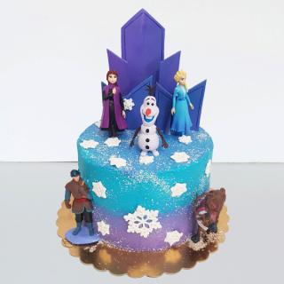 Tort Frozen, figurine plastic  cu turturi mari, in frosting