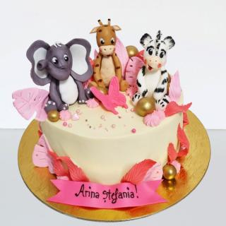 Tort in frosting Animalute din jungla cu decor roz