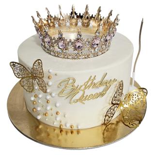 Tort in frosting coronita metal, sclipici, fluturi aurii