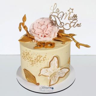 Tort in frosting elegant cu trandafir si crengute aurii