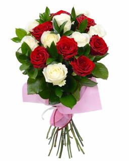 Buchet 15 trandafiri albi si rosii