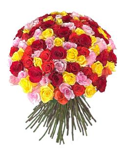 Buchet cu 101 trandafiri rosii, portocalii, galbeni si roz