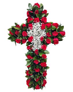 Cruce cu trandafiri rosii si gypsophila