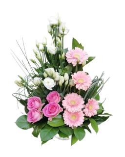 Vas ceramic cu lisianthus, trandafiri si gerbera