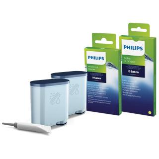 Kit intretinere pentru espressor Philips CA6707 10, 2 filtre AquaClean si tub lubrifiere, 6 plicuri curatare lapte, 6 tablete indepartare ulei