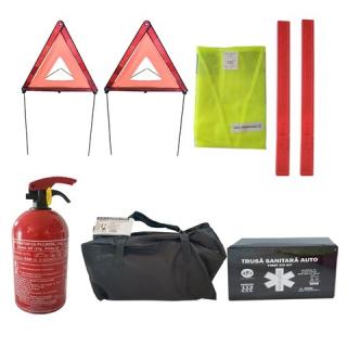 Kit siguranta auto AD AutoTotal, stingator P1 GP, 1 kg pulbere, trusa medicala, 2 x triunghiuri reflectorizante, vesta reflectorizanta, geanta depozitare