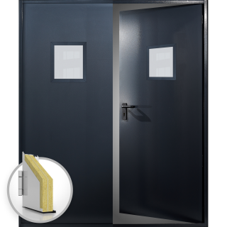 Usa metalica dubla blat 60 mm intrare secundara cu geam - RAL 7016 - Gri Antracit - Usa dubla multifunctionala otel