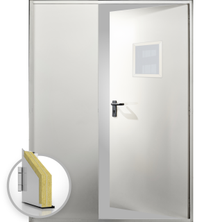 Usa metalica dubla blat 60 mm intrare secundara cu geam - RAL 9001 - Alb   Crem - Usa dubla multifunctionala otel