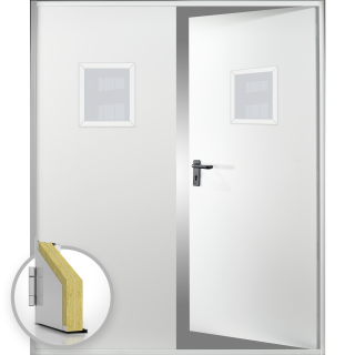 Usa metalica dubla blat 60 mm intrare secundara cu geam - RAL 9003 - Alb - Usa dubla multifunctionala otel